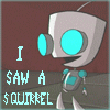 Pixelated robot character with large cyan eyes and antenna, standing against brown background with text overlays.