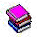 Stack of books with layered colors transitions from solid pink top to gradient blue-green-red base