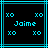 Pixelated cyan text and symbols on black background with cyan lines, showing 'xO' in four corners and 'Jaine' centered
