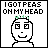 Pixel art comic with four sections, three showing a character with green pea sprouts on head and text, one empty gray section