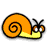 Pixelated orange snail with spiral shell, yellow body, black antennae, and large round eyes on white background.