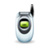 Pixelated icon of a silver and black mobile phone with a green screen, standing upright against a gray background.