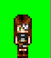 Pixel art character with brown hair and green eyes in a black top and brown shorts, shown in multiple poses against a green background.