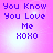 Pixelated text on a pink gradient background with four identical showing 'You Know You Love Me XOXO' in blue letters