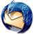 A circular pixelated icon with blue hair and a beige face, featuring a closed eye and a small mouth.