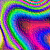 A static pixelated image featuring a swirling rainbow gradient with no discernible subjects or text, composed of distinct color bands transitioning from green to blue to purple and red.