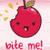 A red apple with a bite taken out, smiling face, and green leaf on top, with yellow sparkles and 'bite me!' text below on pink background.