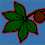 Pixelated green leaf with brown stem and red outline on blue background, five-lobed shape with black dot details.