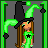 Pixel art of a character in green attire with a jester hat, standing in a green-framed , next to text reading 'Lozer up in ...' and 'here!' repeated in alternating green and gray