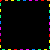 A static digital image displays two text-based icons with rainbow-colored pixelated lettering on black backgrounds, bordered by multicolored dashed lines.