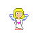 Pixelated angel icon with blonde hair, blue eyes, pink heart on chest, white robe, and light blue wings against gray background.