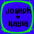 Four identical square icons with rounded corners, each featuring a blue background and green border. The text "Joseph" appears above a heart symbol, which is above the name "Kayla", all in black pixelated font.