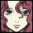Pixelated anime-style face with pink hair and blue eyes, next to stylized text on black background.