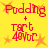 Yellow background with red text reading "Pudding + Tart 49voc" and orange starbursts, two identical static frames shown side-by-side.