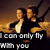 Pixelated image of two figures in a dynamic pose with text overlay reading "I can only fly with you" against a gradient background.