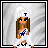 Pixel art character with long brown hair wearing white and blue outfit with 'T' on hat, shown in multiple poses against gray background.