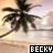 Pixelated beach scene with palm tree and sunset sky, two versions of text "BECKY" at bottom left and right.