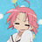 Pixelated anime-style character with pink hair, closed eyes, and a neutral expression against light blue background.