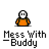 Animated contact sheet of a pixel art character in orange shirt and brown pants performing various actions across 19 frames, including cursor interactions, clothing removal, and text display.