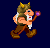 Pixelated character with brown hair, white beard, and golden horns walks left holding a purple-tipped staff; same character lies prone on dark blue background.