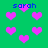 Green background with scattered pink hearts and blue text reading 'sarah' in multiple positions.