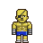 Pixelated character with yellow skin, black eyepatch over left eye, diagonal black scar on right cheek, blue shorts, and striped arm bands.