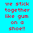 A static image displays red text on a cyan background with yellow rectangular overlays, repeating the phrase "we stick together like gum on a shoe!!" in multiple