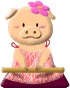 Animated pig avatar with pink flower, red dress, and changing sign from blank to 'Welcome' text.