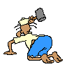 Animated sequence of a cartoon character kneeling, swinging a hammer with motion lines in four distinct poses.