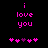 Pixelated text 'i love you' in pink on black background with five pink and one purple heart symbols below.
