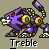 Pixelated purple robotic creature with yellow eyes and red accents, standing in a crouched pose on gray background.