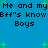 Blue background with green plus signs and repeated black pixelated text reading "Me and my Bff's know Boys" in two