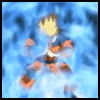 Animated sequence of a character with spiky yellow hair in orange and blue attire performing dynamic poses against a cloudy blue background.