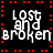 A contact sheet of three animated frames showing the text "Lost and Broken" in white pixelated font on a black background with red dotted borders, arranged in a 2x2 grid with one empty gray cell.