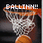 Pixelated basketball hoop with net and ball, orange rim, white text reading 'BALLINN!!' above on dark background.