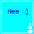 Four identical blue square display 'Hee :]' text with a white pixelated icon in the bottom-right corner, each bordered by a white frame
