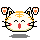 Pixelated cat face with orange stripes, closed eyes, red cheeks, and open mouth in four variations showing paw positions.