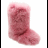 Pink fuzzy boot on white background with pink text reading 'pink', 'fuzzy', and 'UGGS' plus a heart symbol.