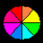 Nine circular color wheels with segmented sections in red, orange, yellow, green, cyan, blue, magenta, and pink arranged in a on black background