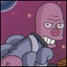 Pixelated cartoon alien with pink skin, large eyes, and a pig-like nose, wearing a blue and white spacesuit against a purple starry background.