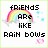 Pixelated rainbow with clouds and blue stars, paired with text about friends being like rainbows after a storm, in a four