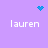 Purple background with four instances of the name 'lauren' in white pixelated text arranged in a , accompanied by blue pixel art symbols including a heart and scattered dots