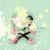 Pixelated icon with light blue background, pink and white floral elements, black cross-like structure, and yellow highlights.