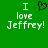 Green background with white pixelated text reading "I love Jeffrey!" and a black heart symbol, displayed in two identical side-by-side sections.