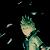 Pixelated static icon of a green-haired figure with light skin against dark background, surrounded by white pixel clusters resembling stars or sparks.