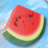 A pixelated watermelon slice with red flesh, black seeds, and green rind against a light blue background.
