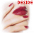 A static image of a stylized hand with red lips and small red accents on a light background, labeled 'DESIRE' in pixelated text.