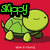 Pixelated green turtle with a smiling face on red background, displaying text above and below its shell.