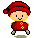 Pixel art character in red outfit with yellow symbols, shown across displaying facial expressions and limb positions