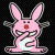 Pixelated pink bunny with red nose and white accents stands against black background, text reads 'I love boys they're stupid' in pixel font.